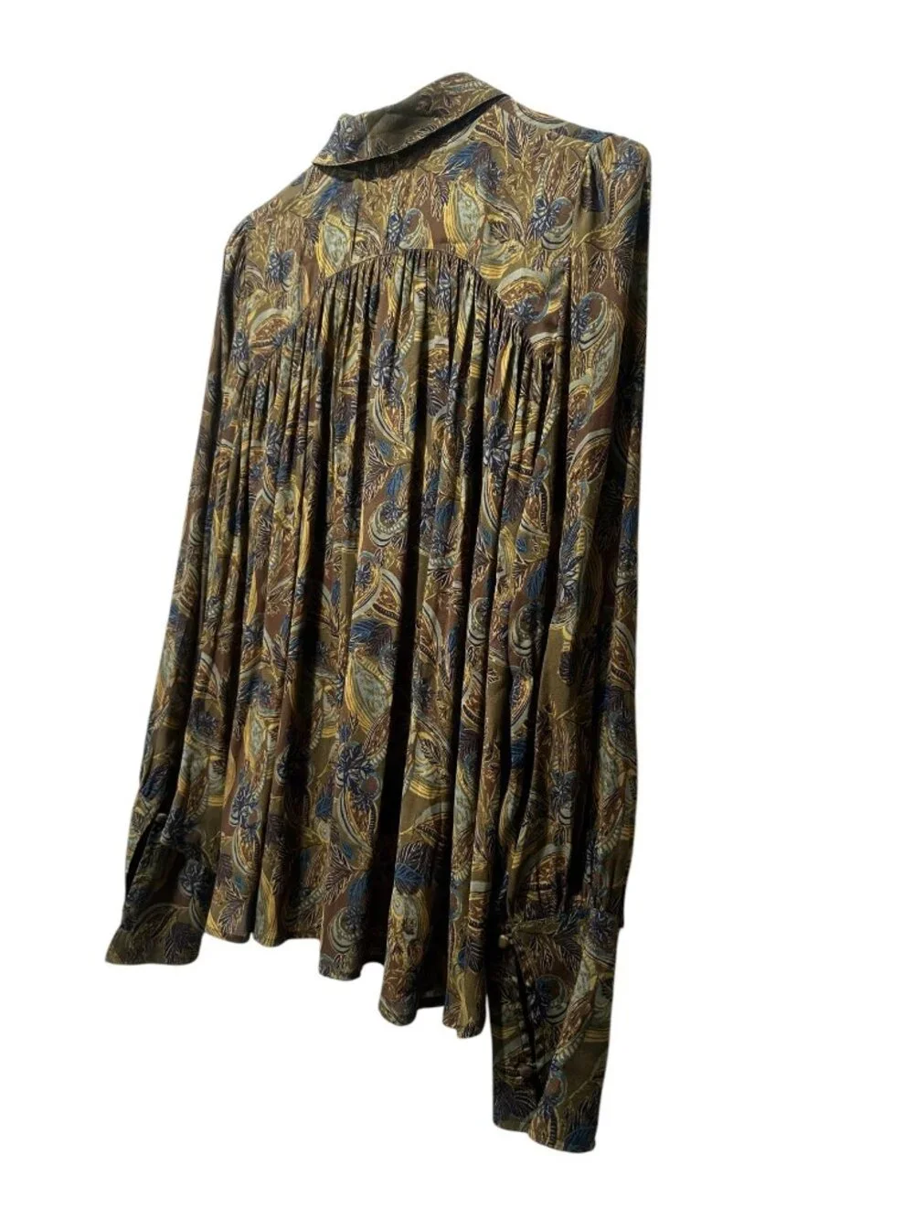 Free People Paisley Pleated Top Women Small Green Collared Tie Long Sleeve Flowy - Picture 5 of 16